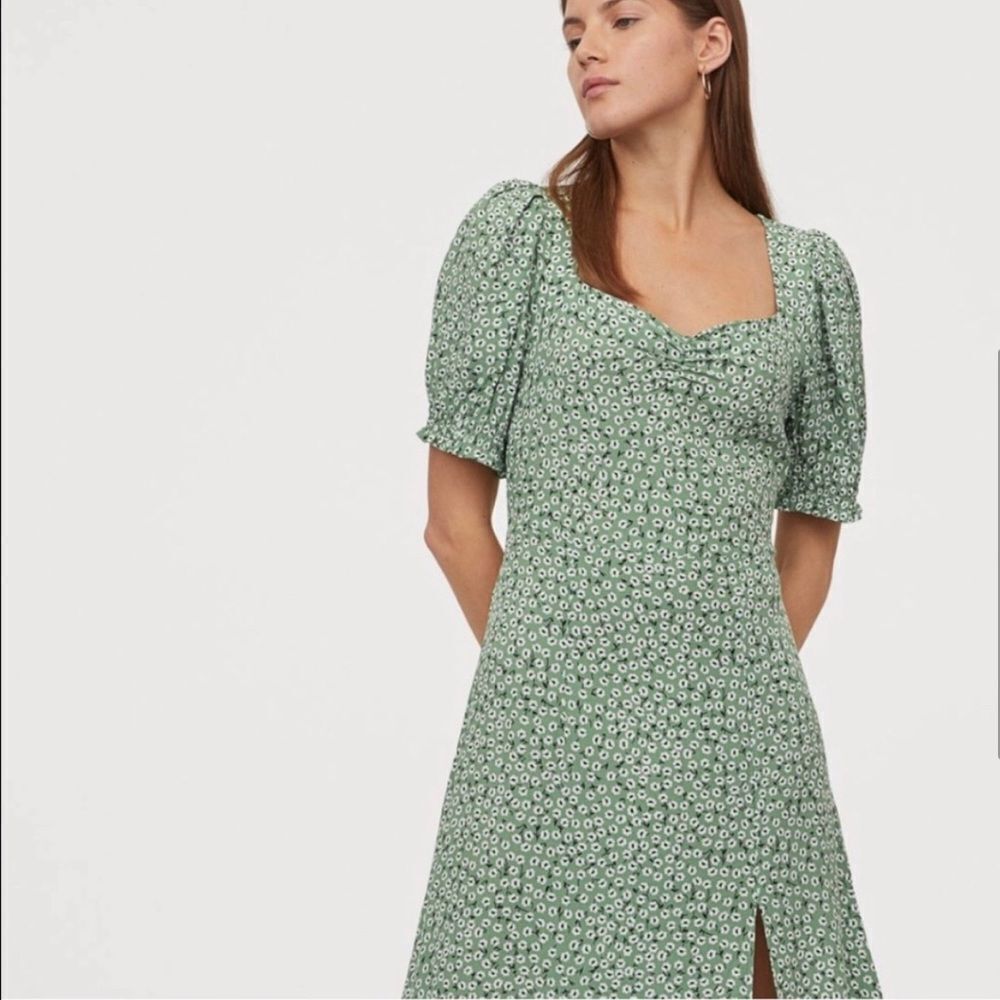 H&M Green Floral Puff Sleeve Midi Dress with Slit